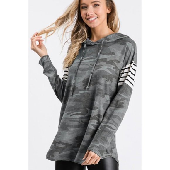 Pink Peplum Boutique Tops - Long Sleeve Camo Stripe Print Contrast Hoodie